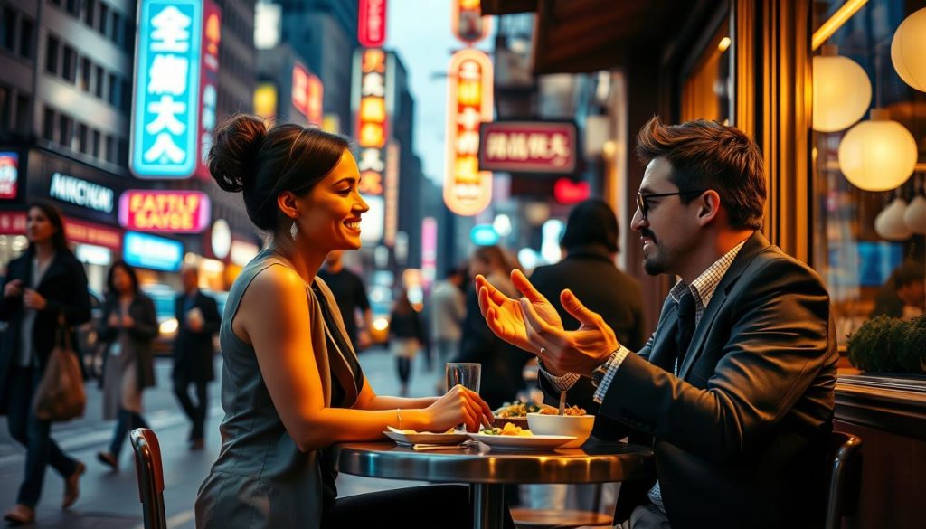 A bustling city street at dusk, neon signs illuminating the night. In the foreground, a stylishly dressed couple sitting at a small table in a cozy restaurant, deep in conversation over a shared meal. The woman leans in, a coy smile on her lips, while the man gestures animatedly, captivated by her. The background is a blur of passersby, the urban landscape a canvas of shadows and highlights. Warm, ambient lighting casts a romantic glow, the scene conveying the intricacies of the "free meal dating" phenomenon - a calculated dance of attraction, opportunity, and the economics of modern courtship. A bustling city street at dusk, neon signs illuminating the night. In the foreground, a stylishly dressed couple sitting at a small table in a cozy restaurant, deep in conversation over a shared meal. The woman leans in, a coy smile on her lips, while the man gestures animatedly, captivated by her. The background is a blur of passersby, the urban landscape a canvas of shadows and highlights. Warm, ambient lighting casts a romantic glow, the scene conveying the intricacies of the "free meal dating" phenomenon - a calculated dance of attraction, opportunity, and the economics of modern courtship.